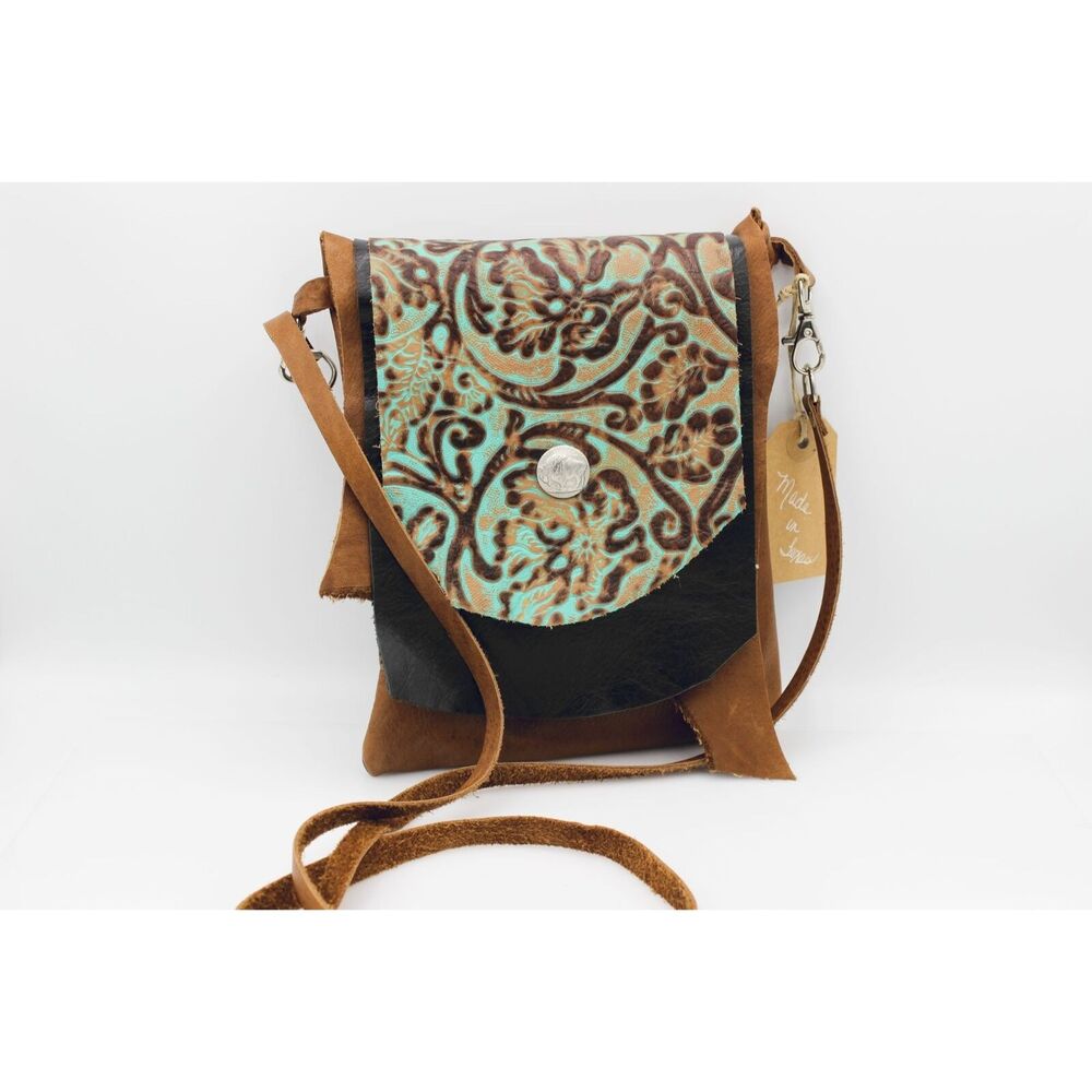 Custom Hand Made Leather Purse / Satchel Buffalo Nickel Button Turquoise Detail